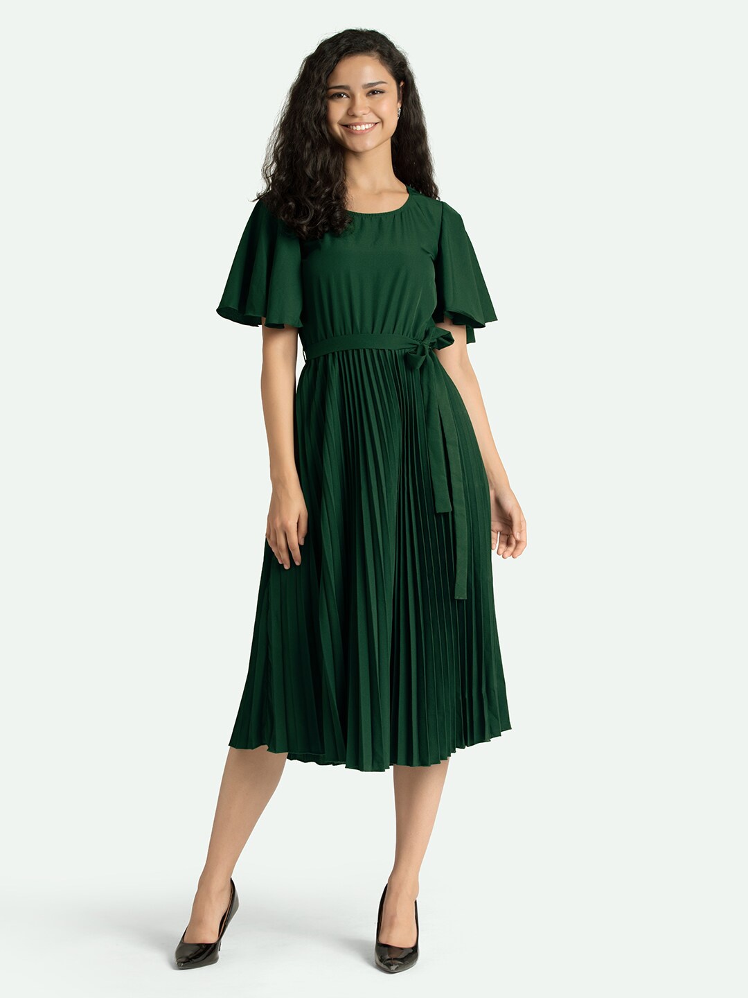 

AASK Green Striped Crepe Midi Dress