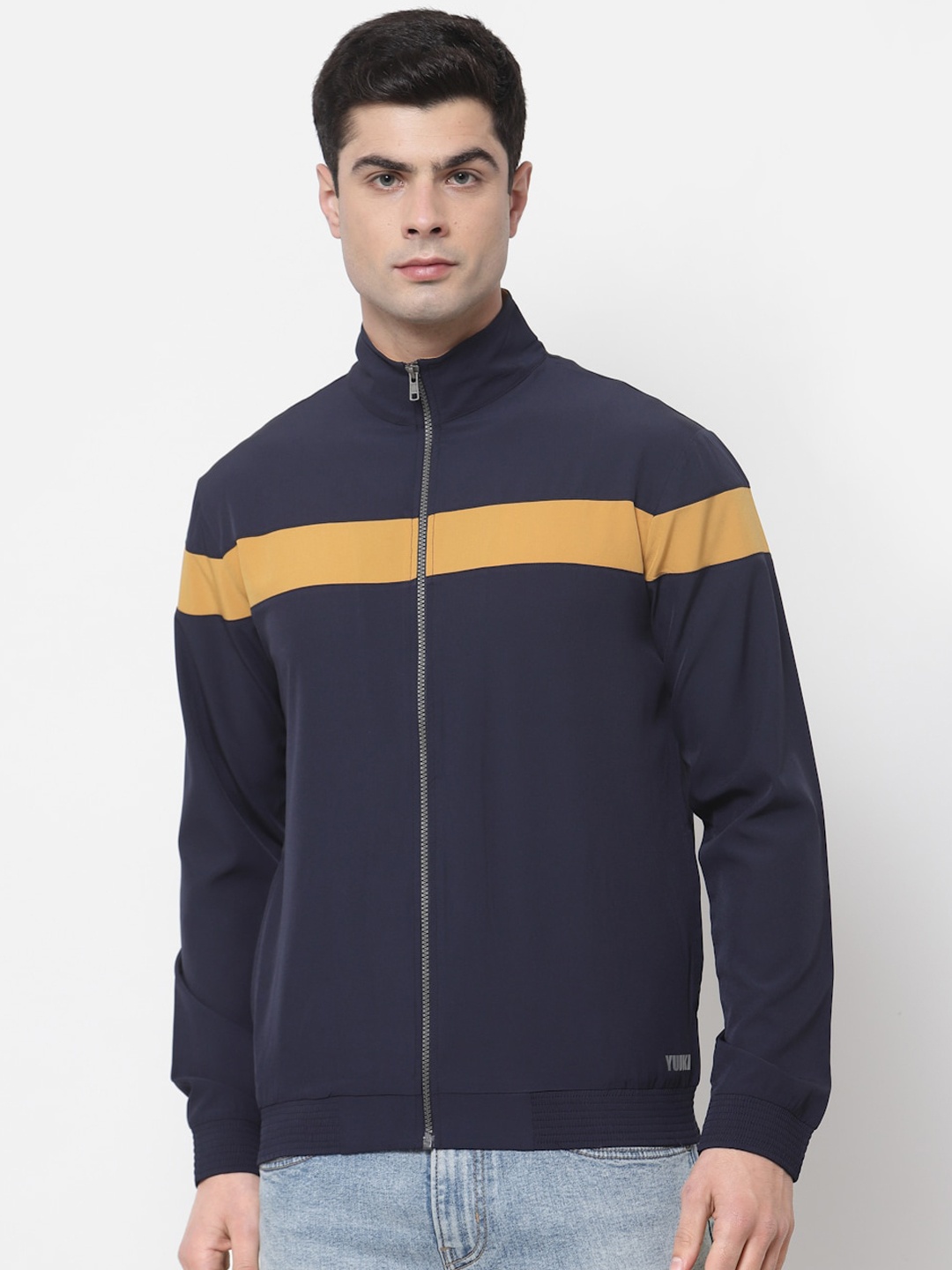 

Yuuki Men Navy Blue & Mustard Yellow Colourblocked Lightweight Bomber Jacket
