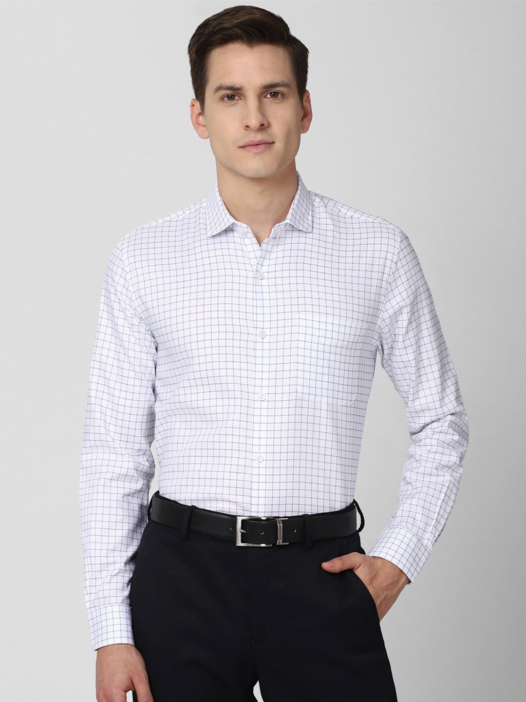 

Peter England Elite Men White & Blue Slim Fit Checked Pure Cotton Formal Shirt