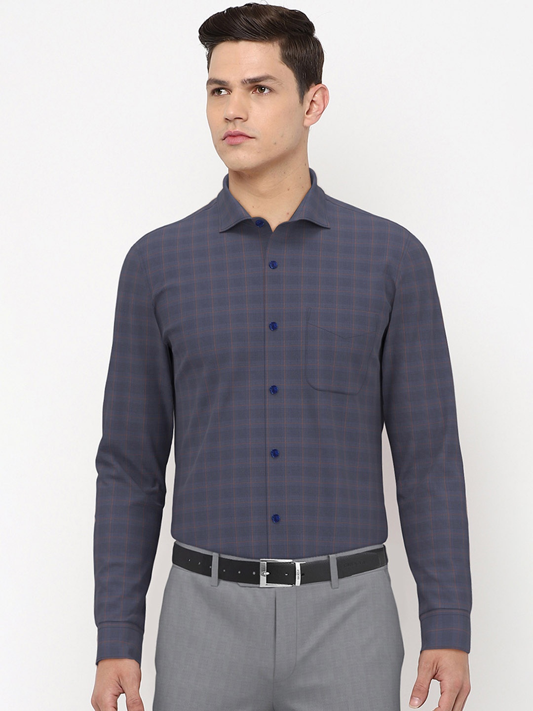 

Peter England Elite Men Navy Blue Slim Fit Checked Formal Shirt