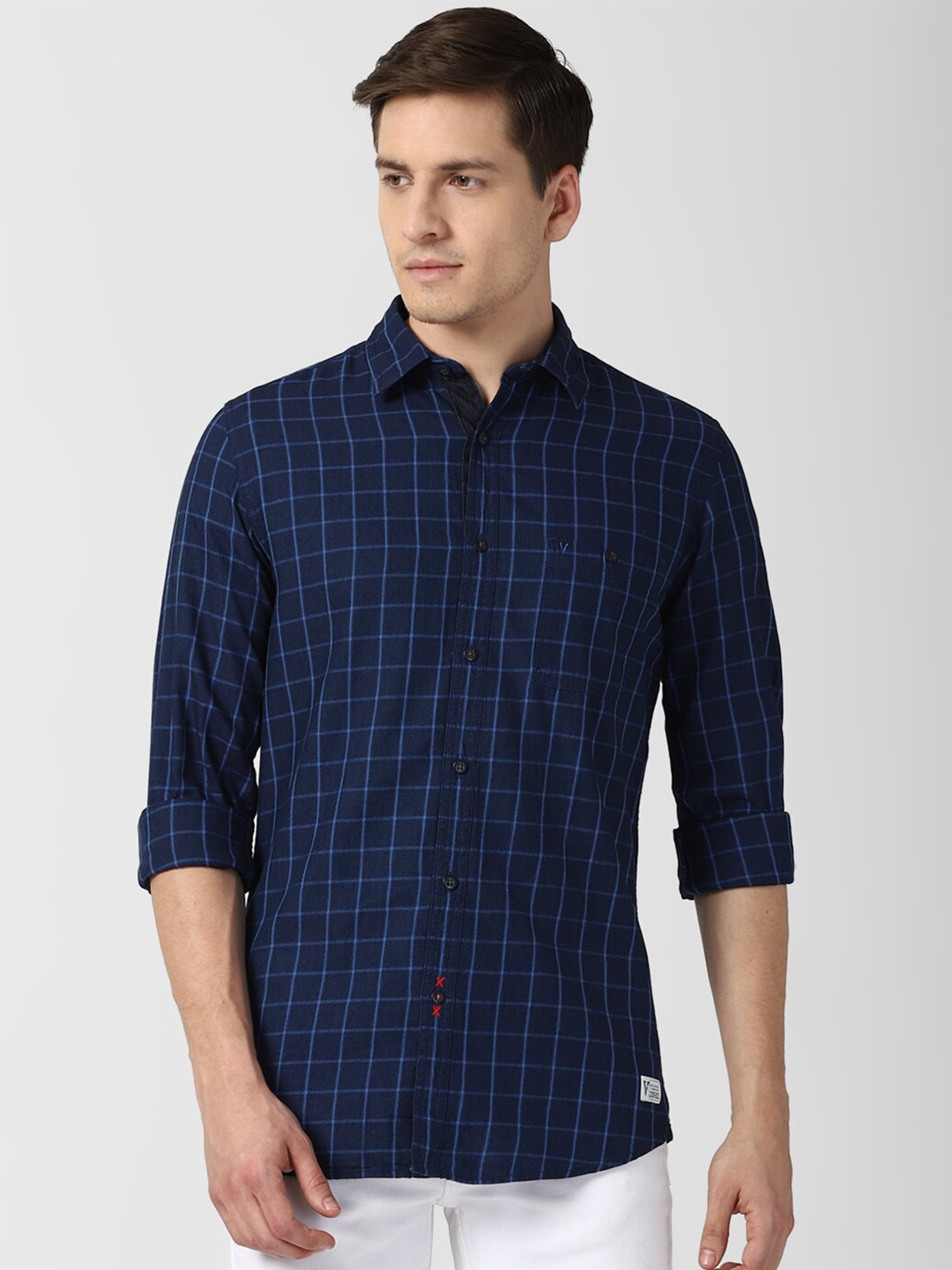 

VAN HEUSEN DENIM LABS Men Navy Blue Slim Fit Checked Pure Cotton Casual Shirt