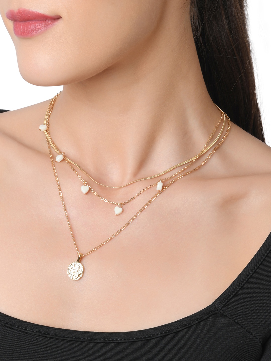 

Lilly & sparkle Women Gold-Plated Hearts And Hammered Coin Charm Layered Necklace