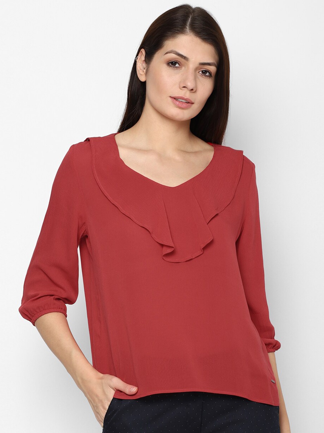 

Allen Solly Woman Maroon Solid Three-Quarter Sleeves Top