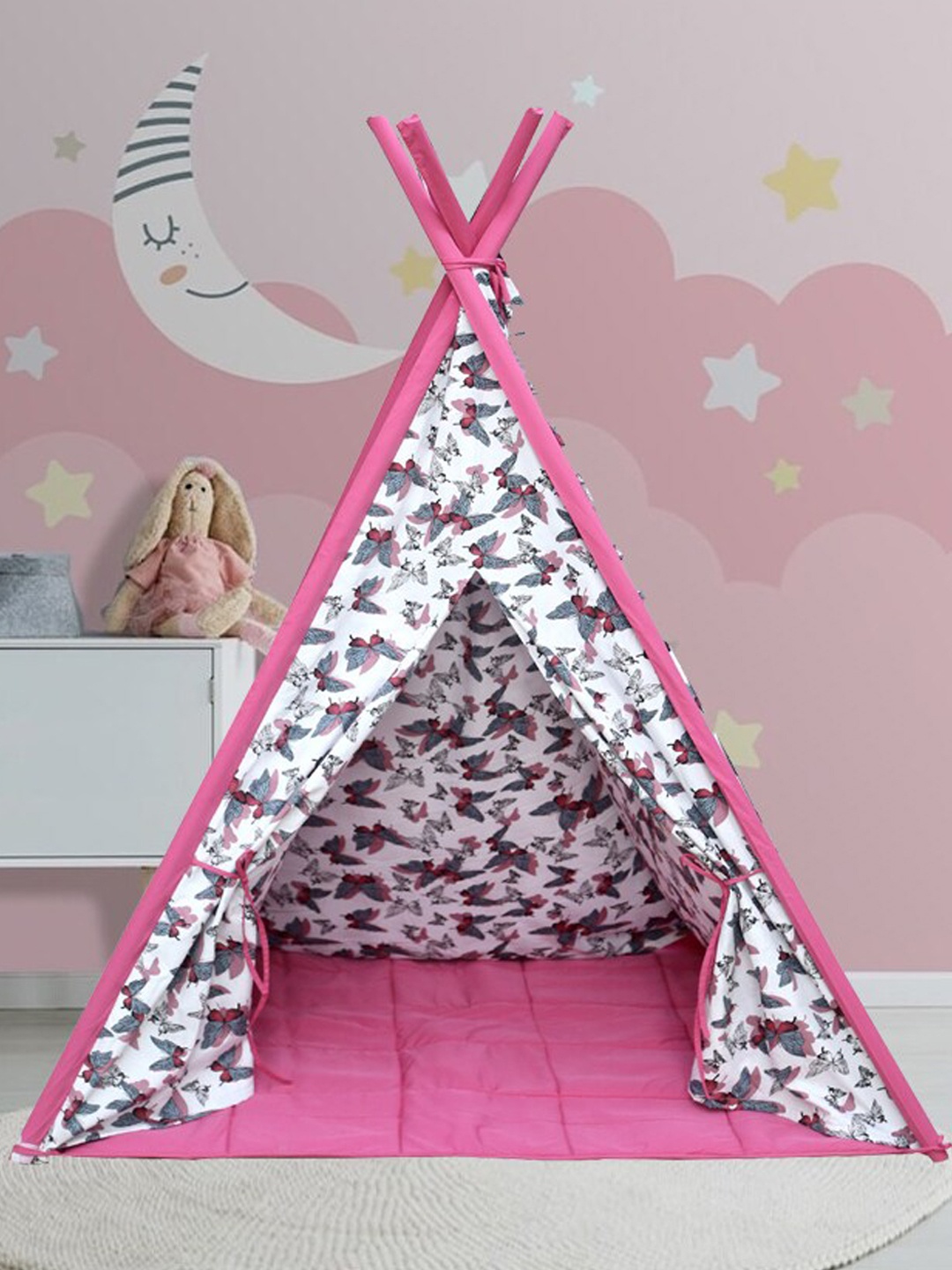 

Kids Clan Kids White & Pink Outdoor & Indoor Printed Teppee Tent With Mat