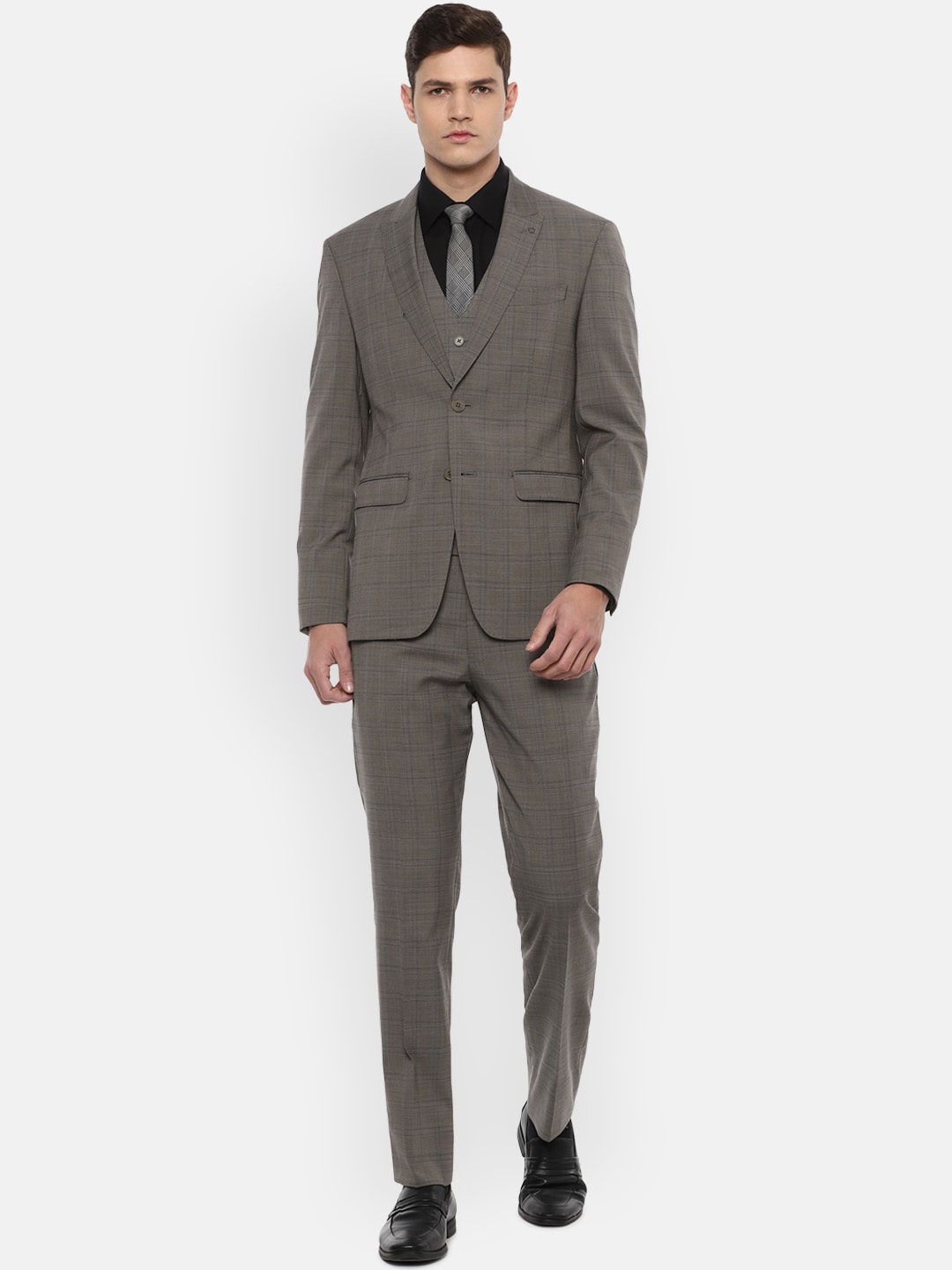 

Louis Philippe Permapress Men Grey Checked Slim-Fit Single-Breasted 3-Piece Party Suit