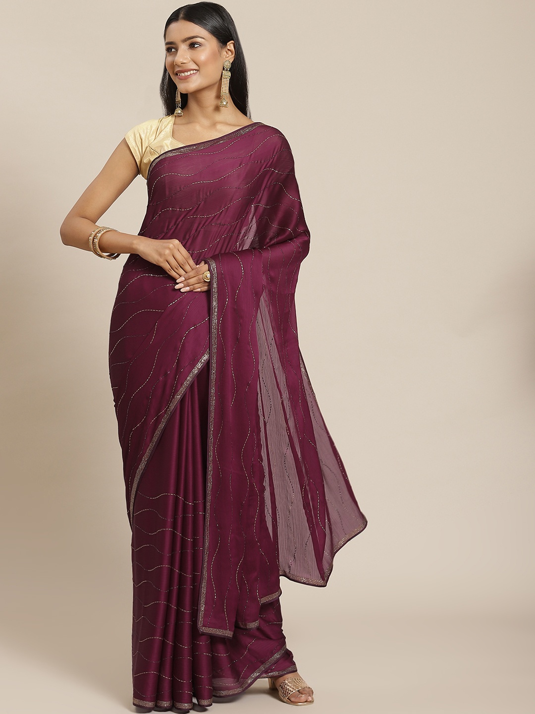 

Meena Bazaar Burgundy Leheriya Saree
