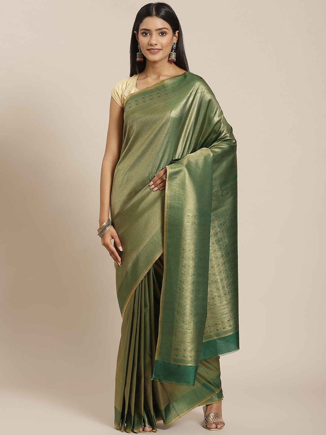 

Meena Bazaar Green & Gold-Toned Woven Design Zari Silk Blend Saree