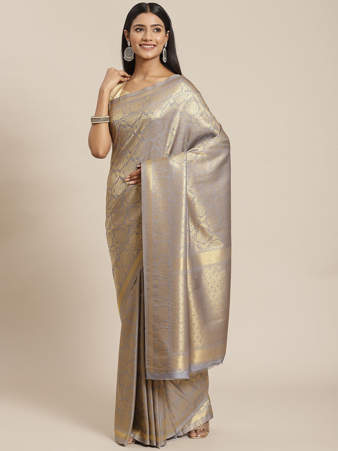 

Meena Bazaar Grey & Gold-Toned Ethnic Motifs Zari Silk Blend Saree