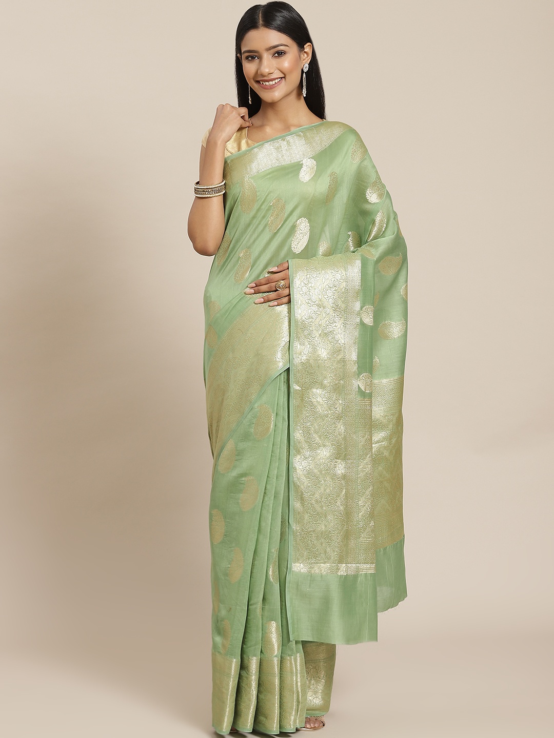 

Meena Bazaar Green Paisley Zari Pure Cotton Banarasi Saree