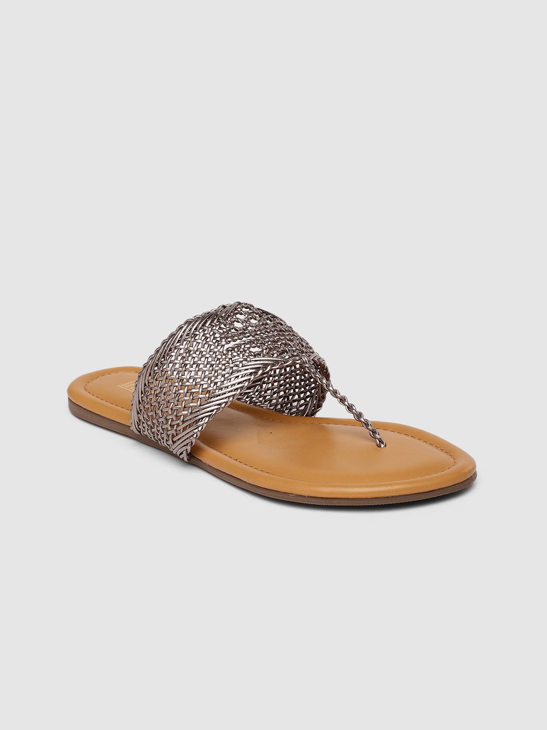 

Inc 5 Women Grey Textured Leather Ethnic T-Strap Flats