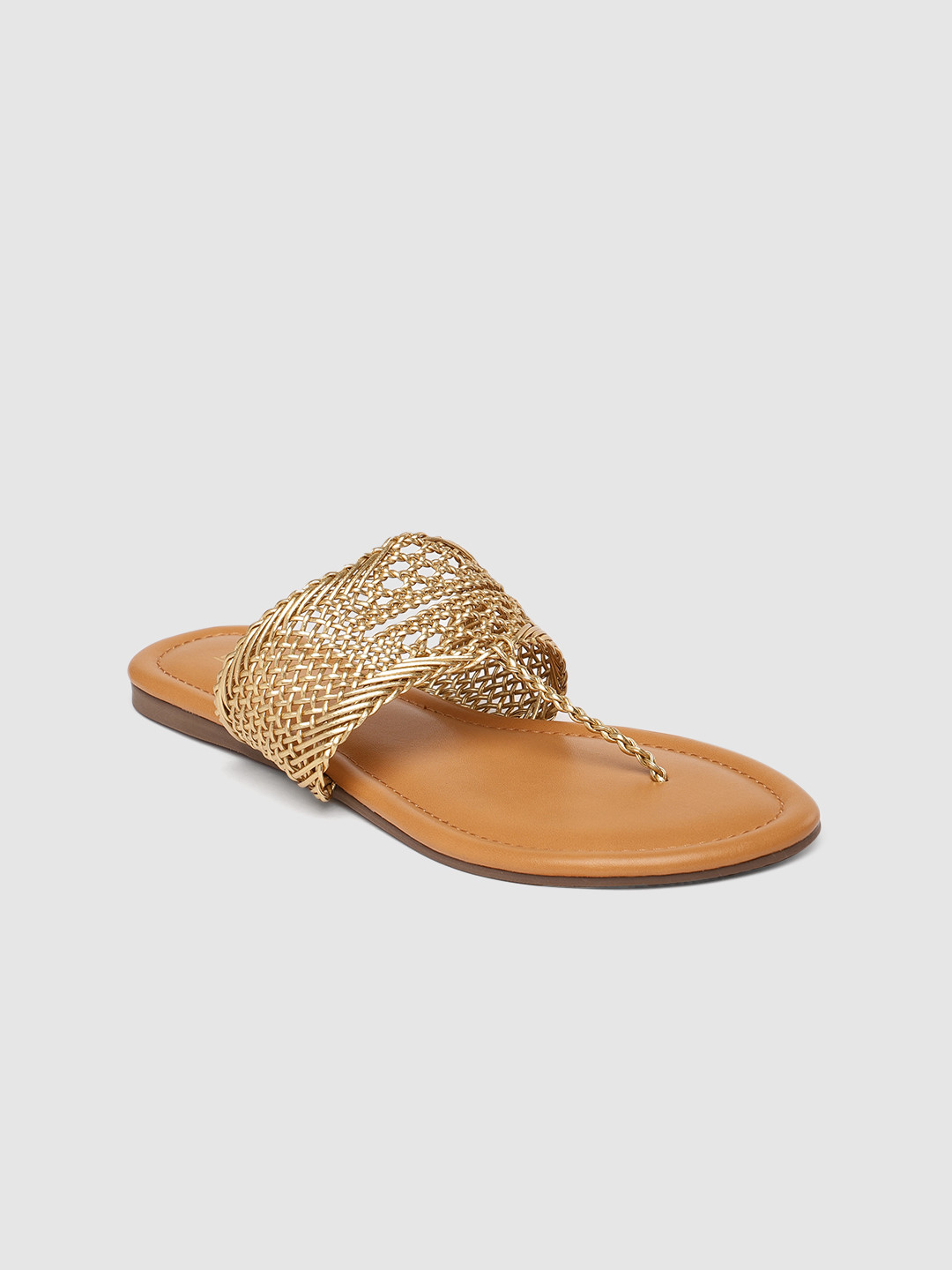 

Inc 5 Women Gold-Toned Textured Leather Ethnic T-Strap Flats