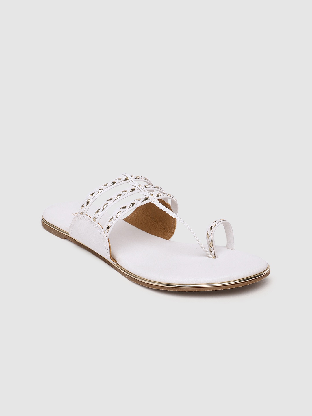 

Inc 5 Women White & Gold-Toned Ethnic Embellished One Toe Flats