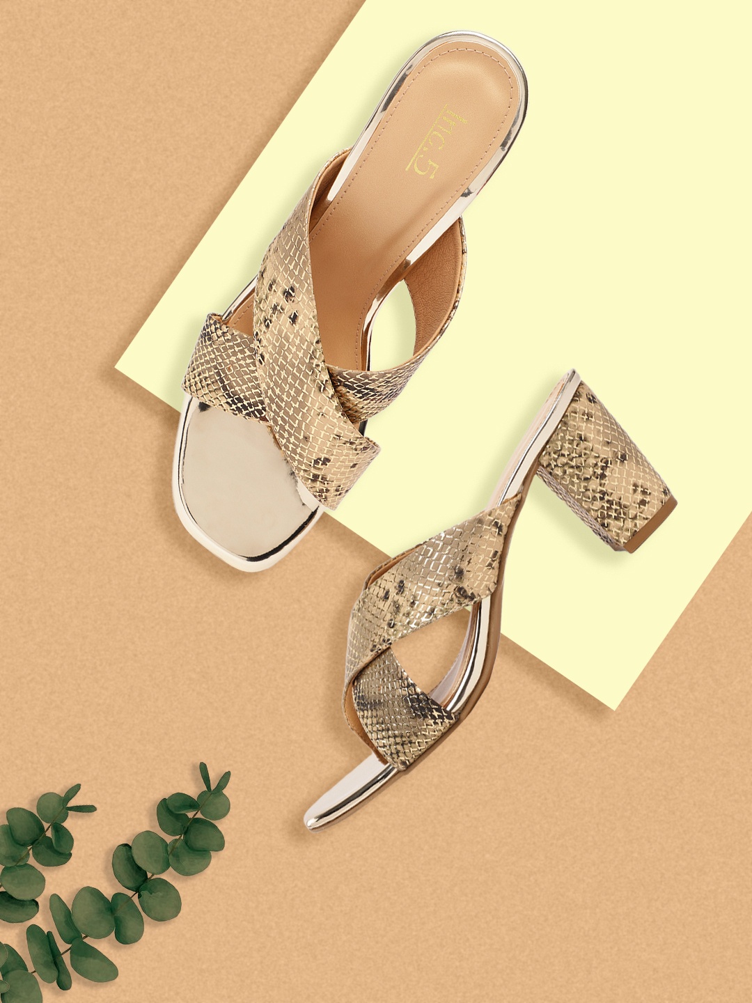 

Inc 5 Women Beige & Gold-Toned Animal Print & Textured Party Regular Block Sandals