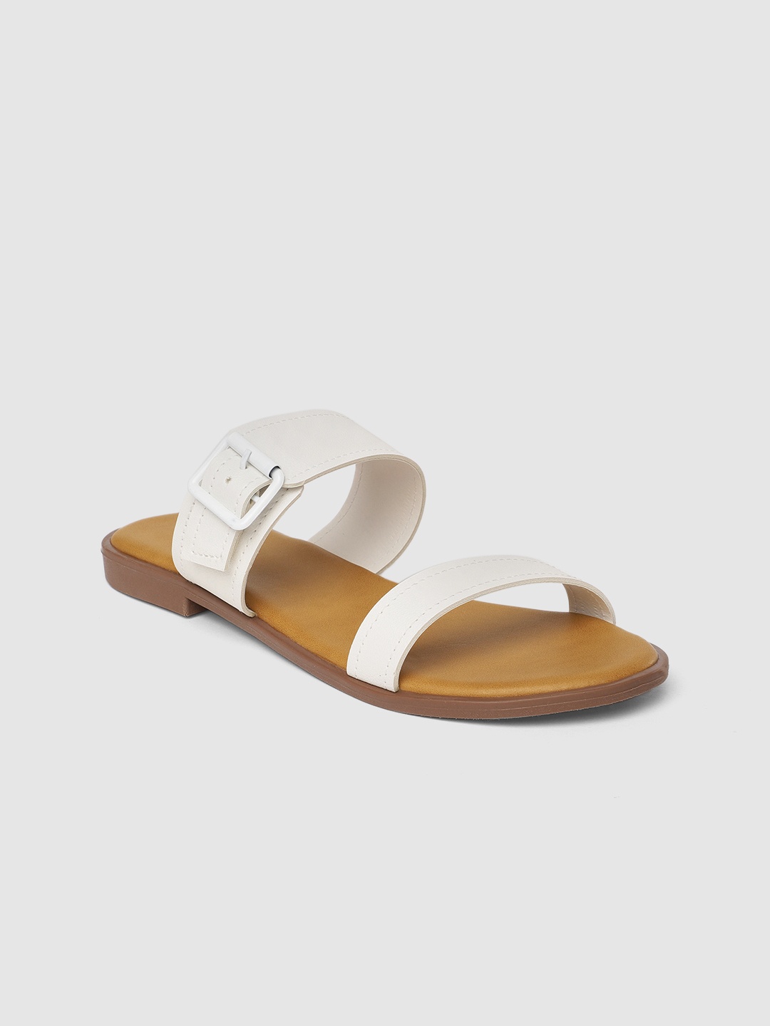 

Inc 5 Women White Solid Casual Open Toe Flats with Buckle