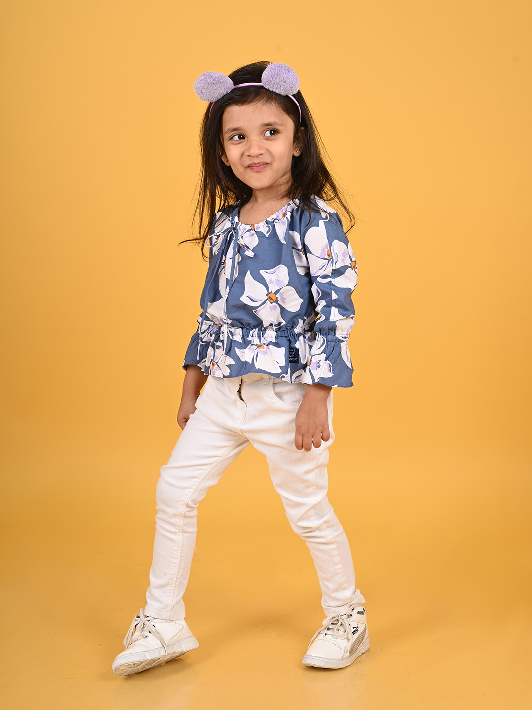 

TALES & STORIES Girls Blue & White Floral Print Tie-Up Neck Pure Cotton Peplum Top