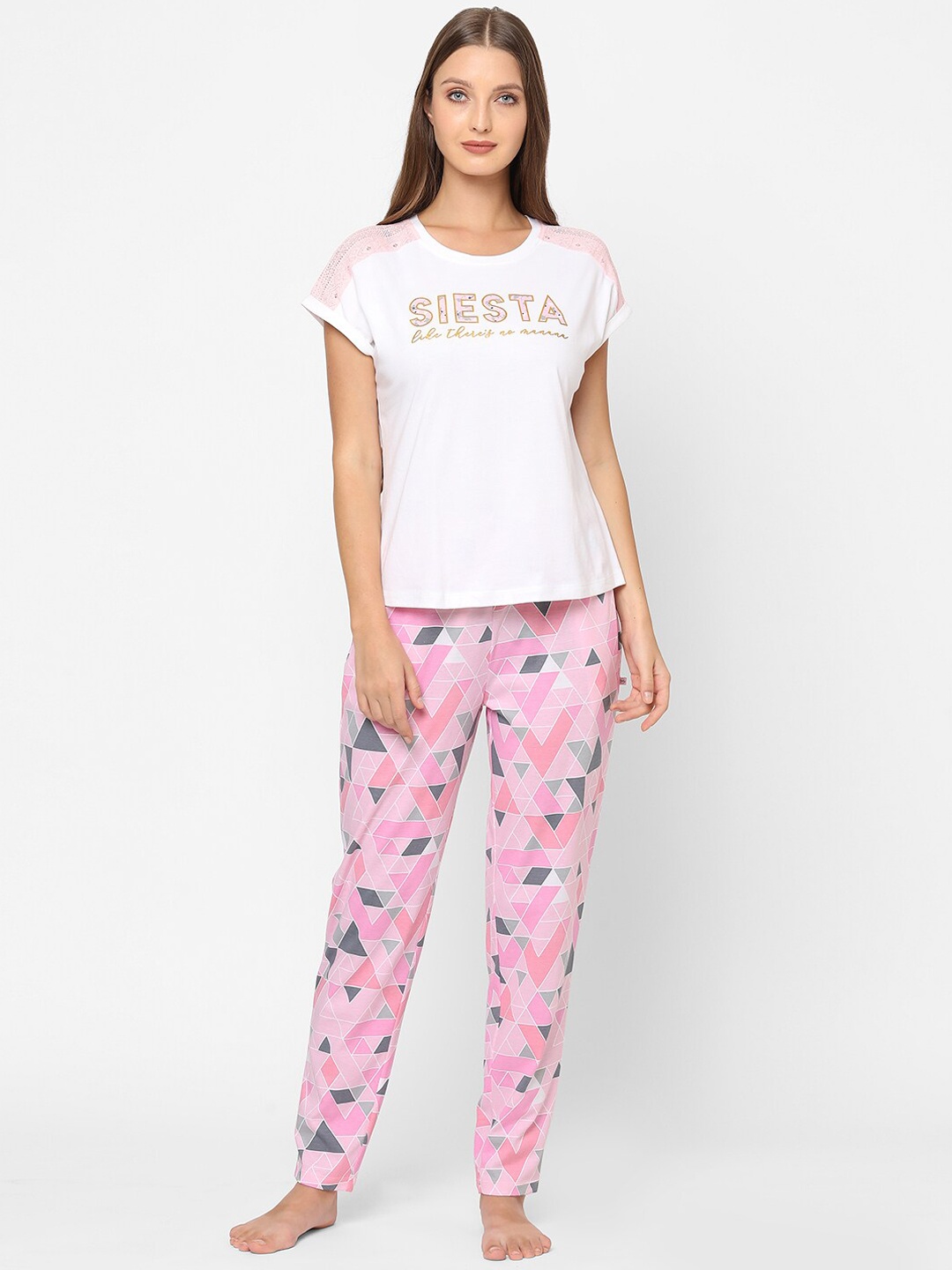 

MAYSIXTY Women Pink & White Printed Pure Cotton Night Suit