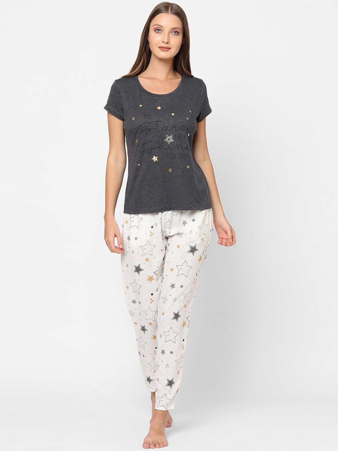 

MAYSIXTY Women White & Charcoal Printed Night suit