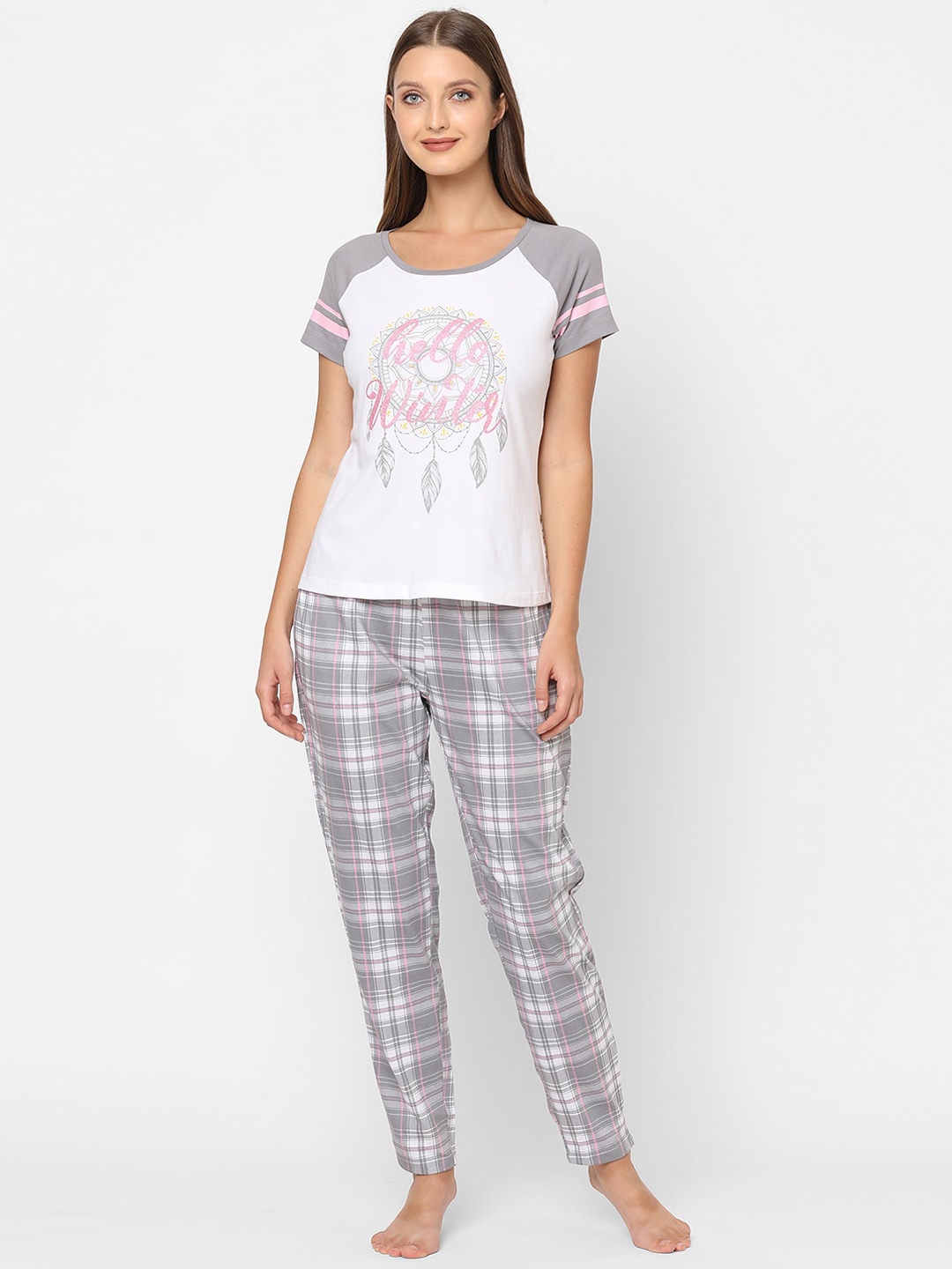 

MAYSIXTY Women Cotton Grey & White Checked Printed Night suit