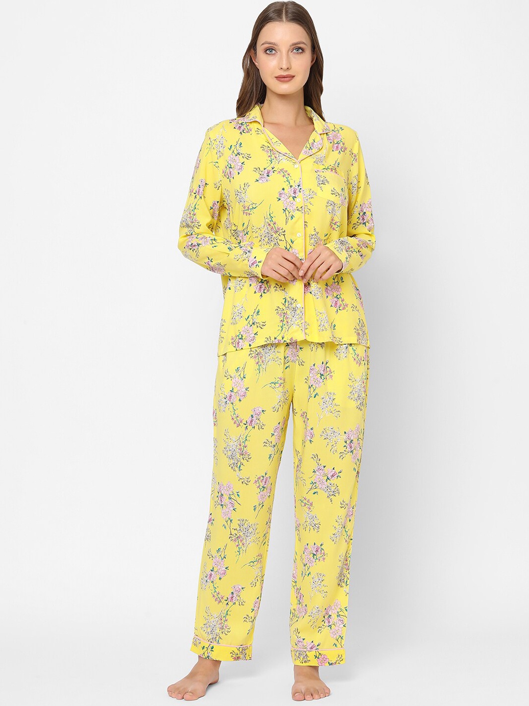 

MAYSIXTY Women Yellow & Pink Printed Pure Cotton Night Suit