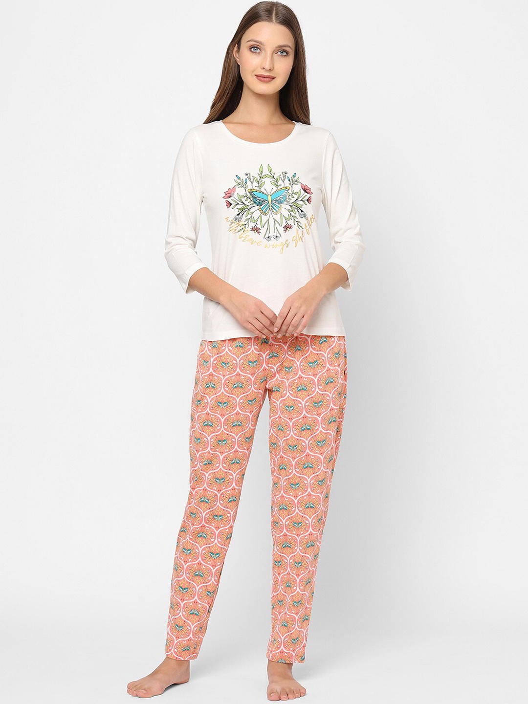 

MAYSIXTY Women Coral & White Floral Printed Pure Cotton Night Suits