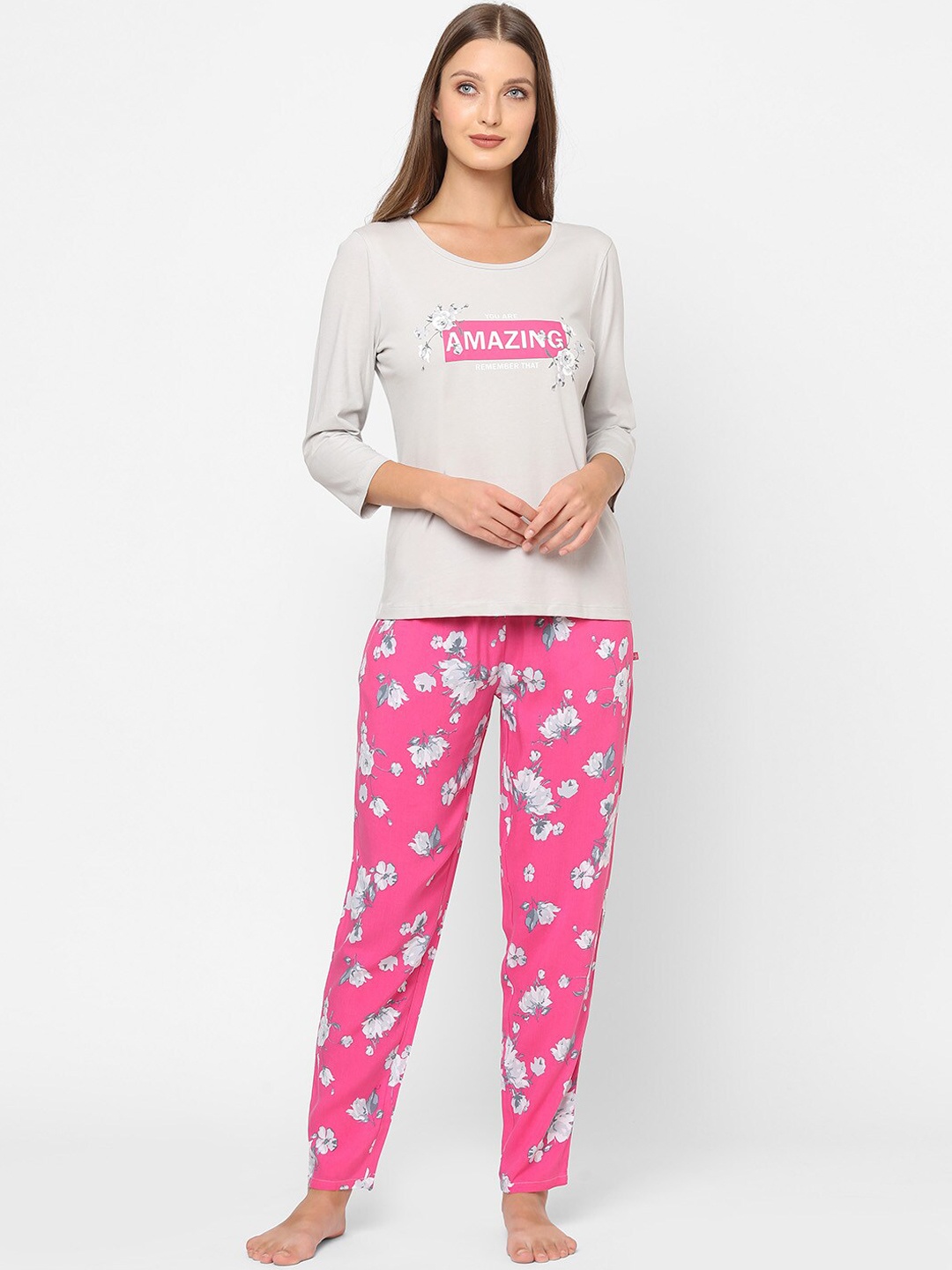 

MAYSIXTY Women Pink & White Floral Printed Night suit