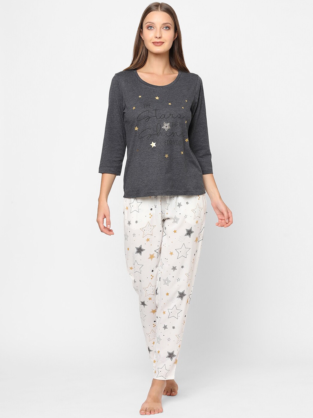 

MAYSIXTY Women White & Grey Printed Pure Cotton Night Suit