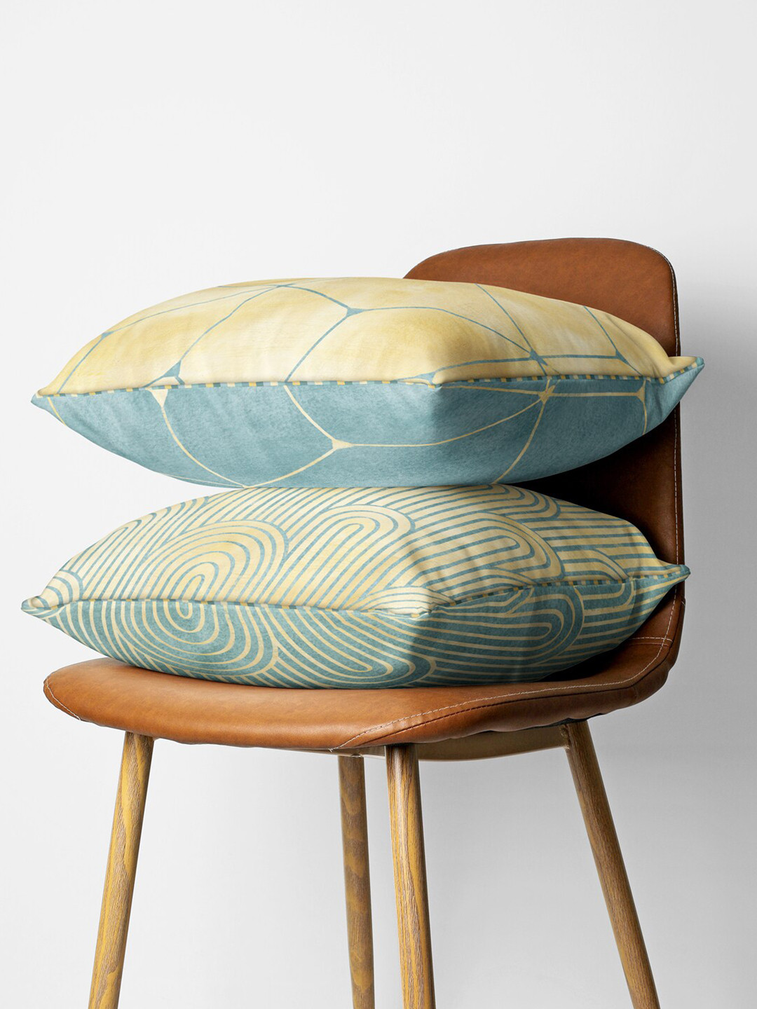 

BIANCA Beige & Blue Set of 2 Geometric Square Cushion Covers