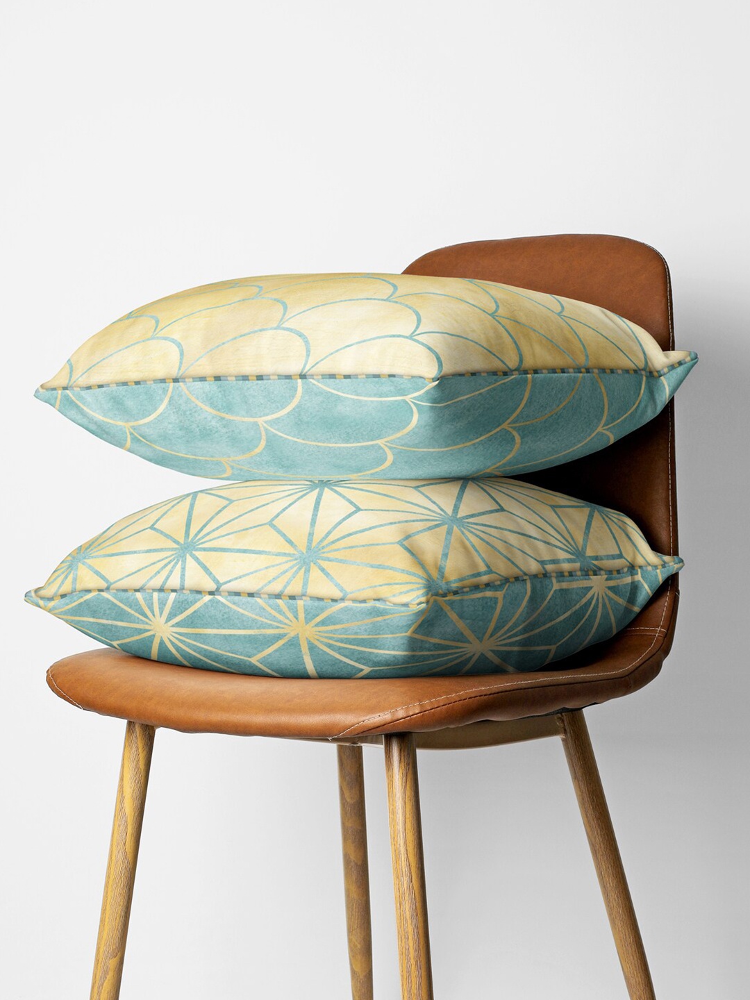 

BIANCA Beige & Green Set of 2 Geometric Printed Square Cushion Covers