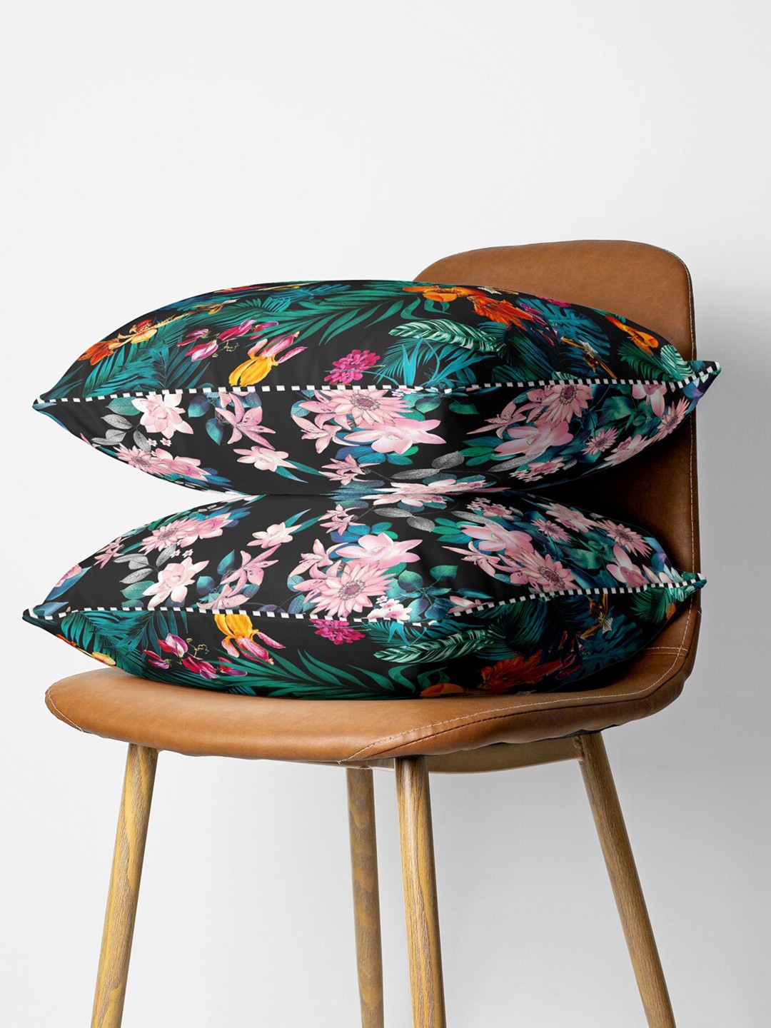 

BIANCA Black & Green Set of 2 Floral Square Cushion Covers