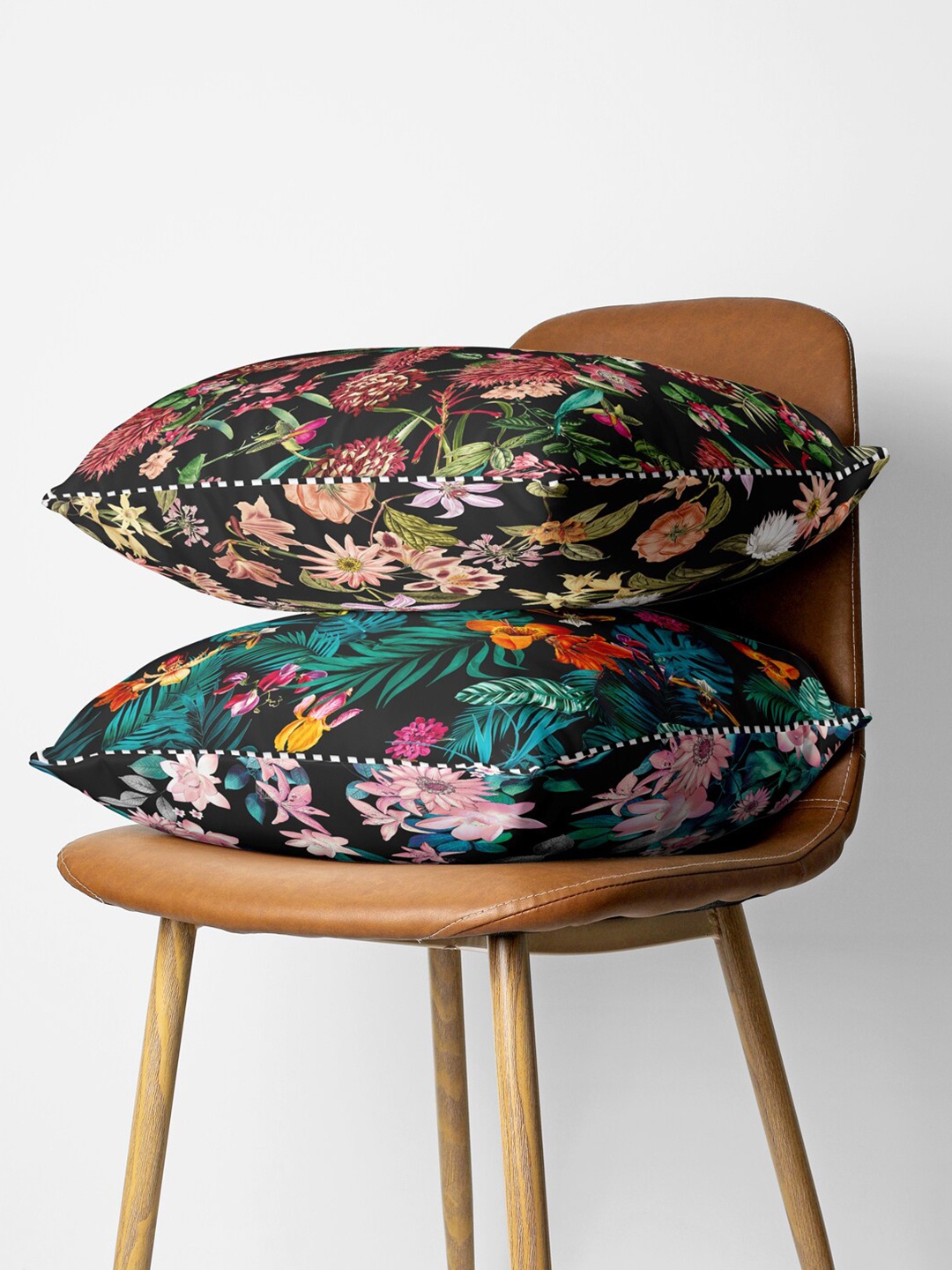 

BIANCA Black & Green Set of 2 Floral Square Cushion Covers