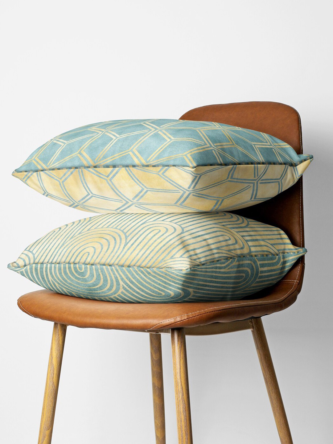 

BIANCA Beige & Blue Set of 2 Geometric Square Cushion Covers