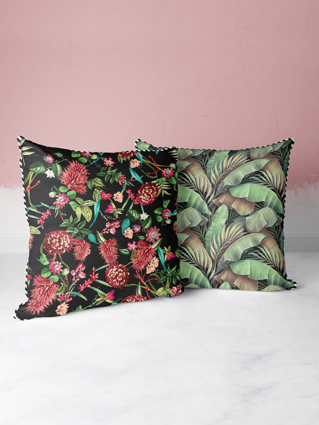 

BIANCA Black & Green Set of 2 Floral Square Cushion Covers
