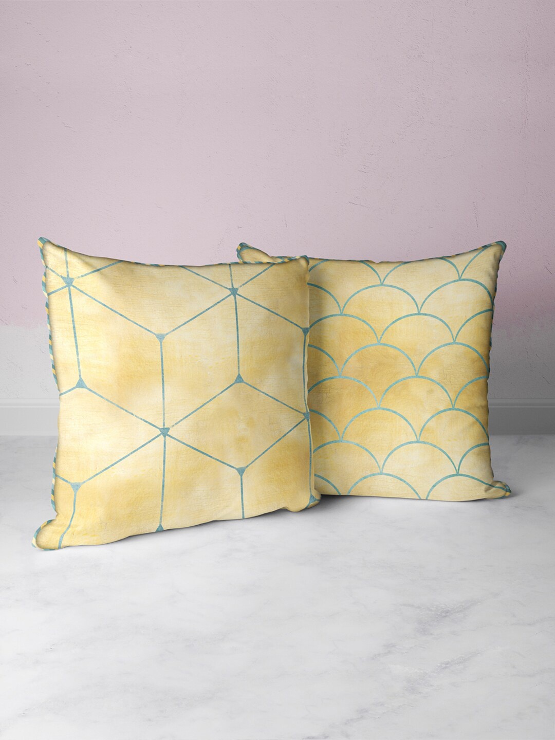 

BIANCA Beige & Green Set of 2 Geometric Square Cushion Covers