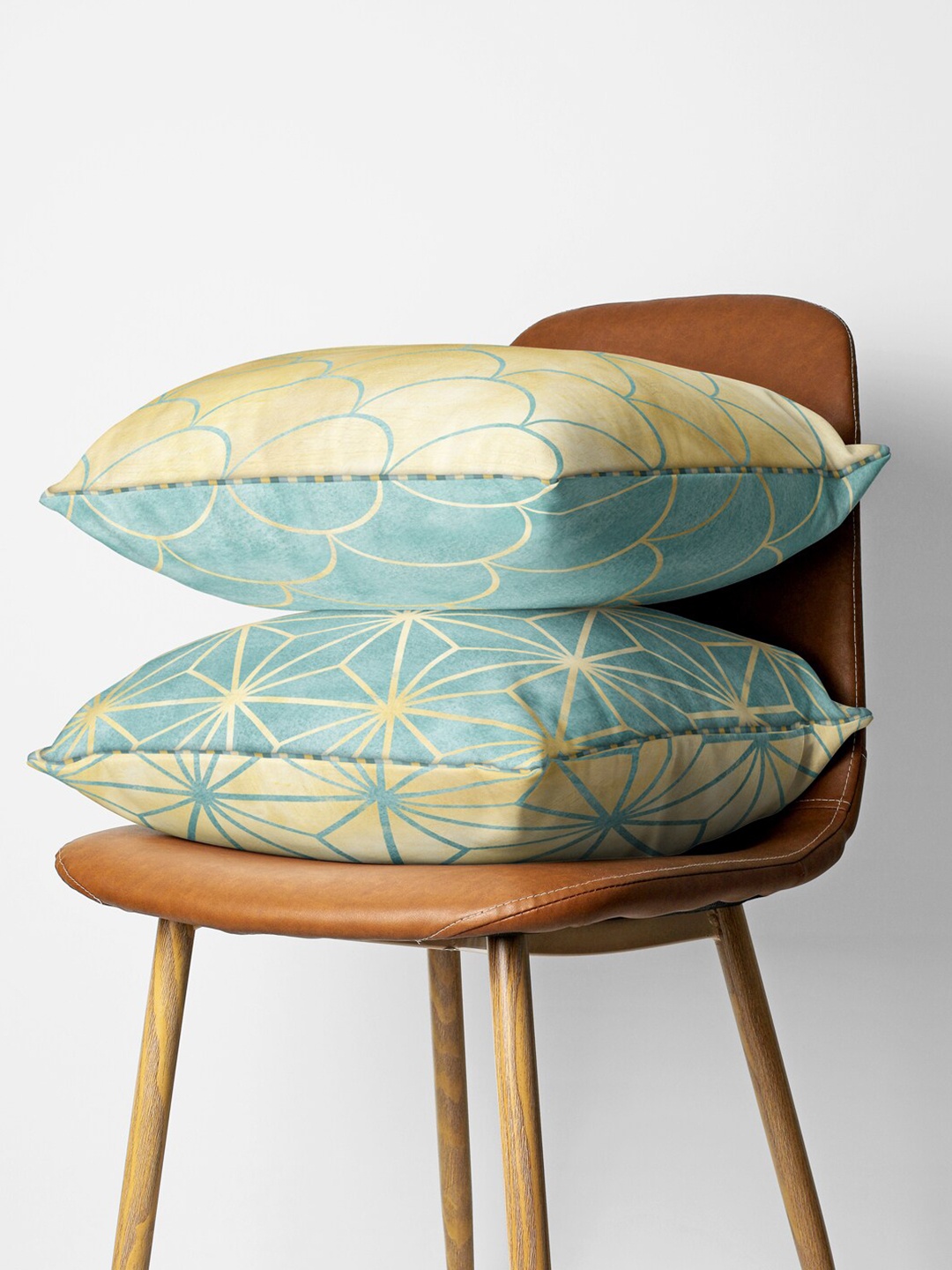 

BIANCA Beige & Green Set of 2 Geometric Printed Square Cushion Covers