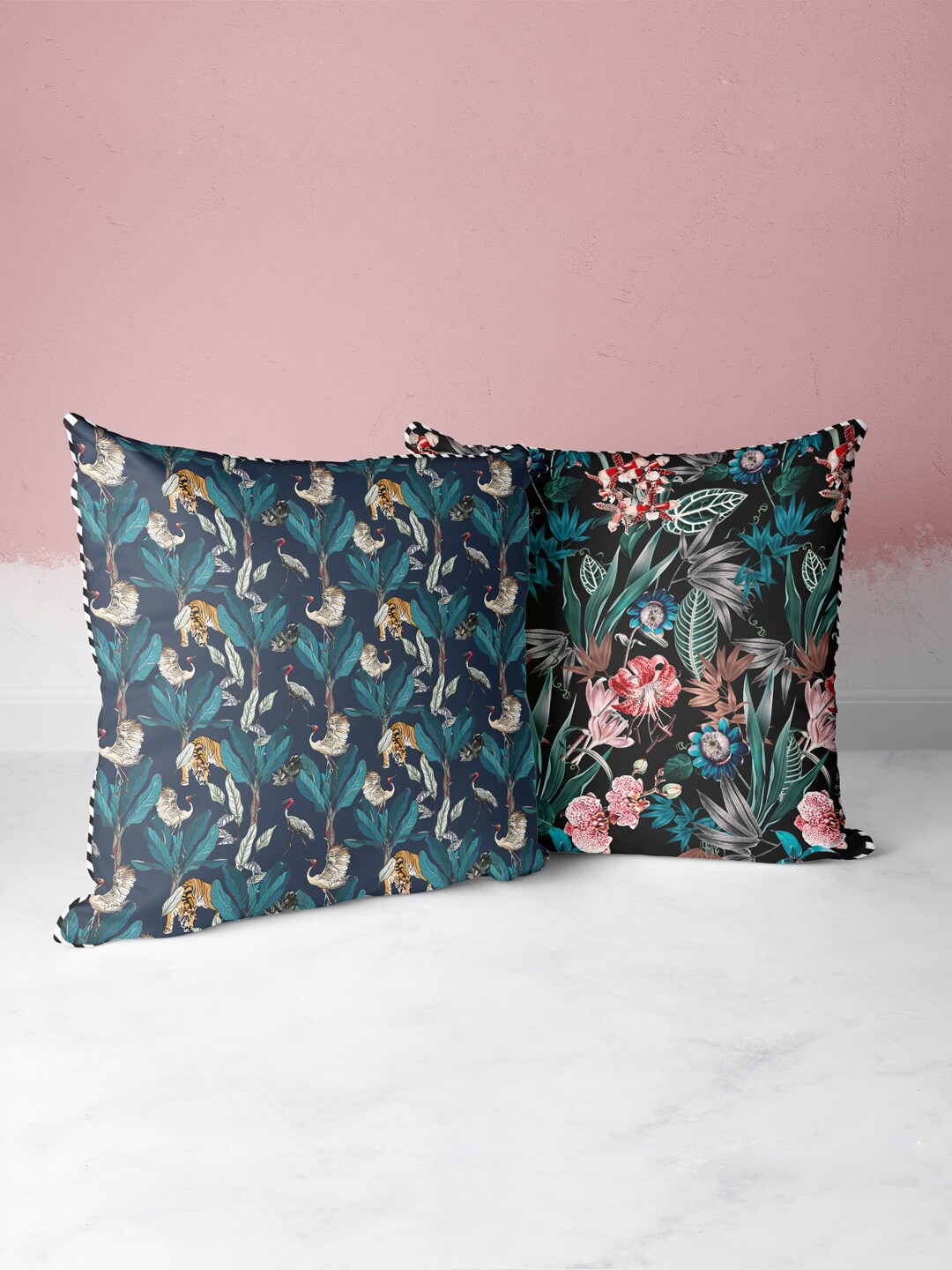 

BIANCA Black & Pink Set of 2 Floral Square Cushion Covers