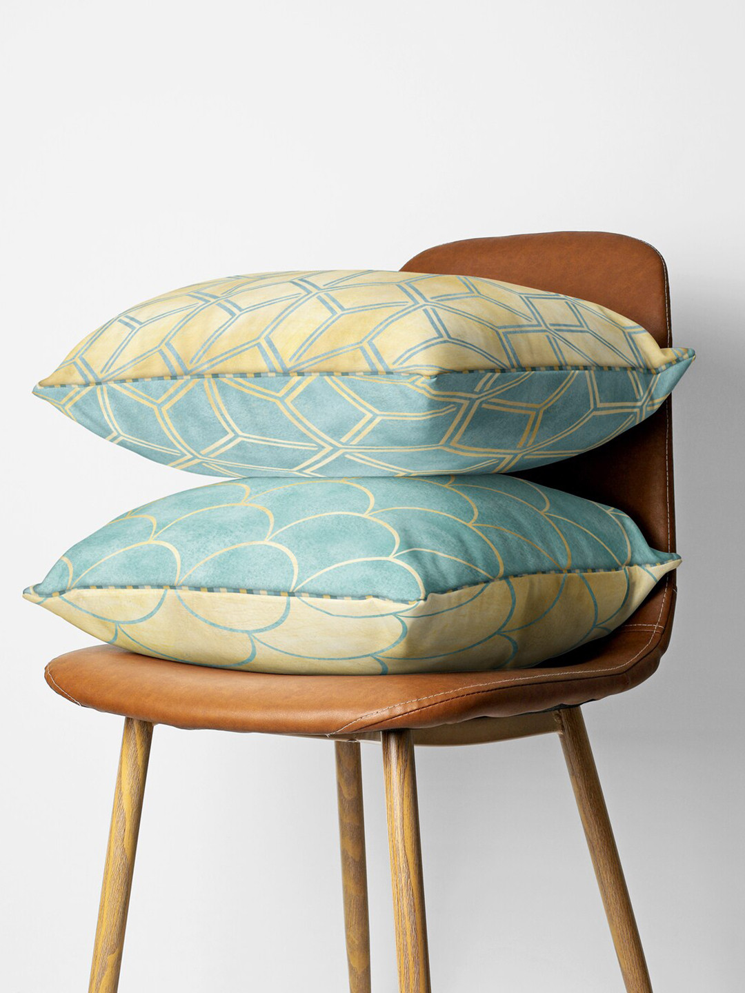

BIANCA Beige & Sea Green Set of 2 Geometric Square Cushion Covers