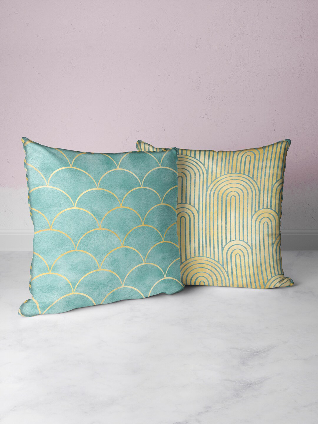 

BIANCA Beige & Blue Set of 2 Geometric Square Cushion Covers