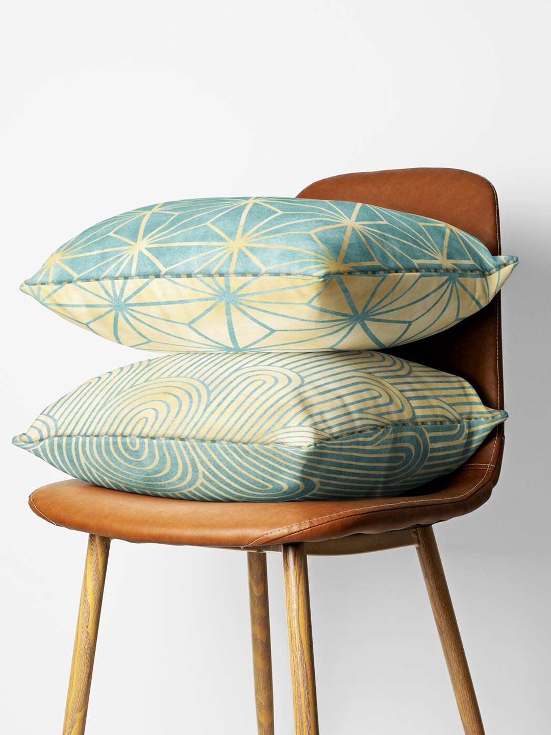 

BIANCA Beige & Blue Set of 2 Geometric Square Cushion Covers
