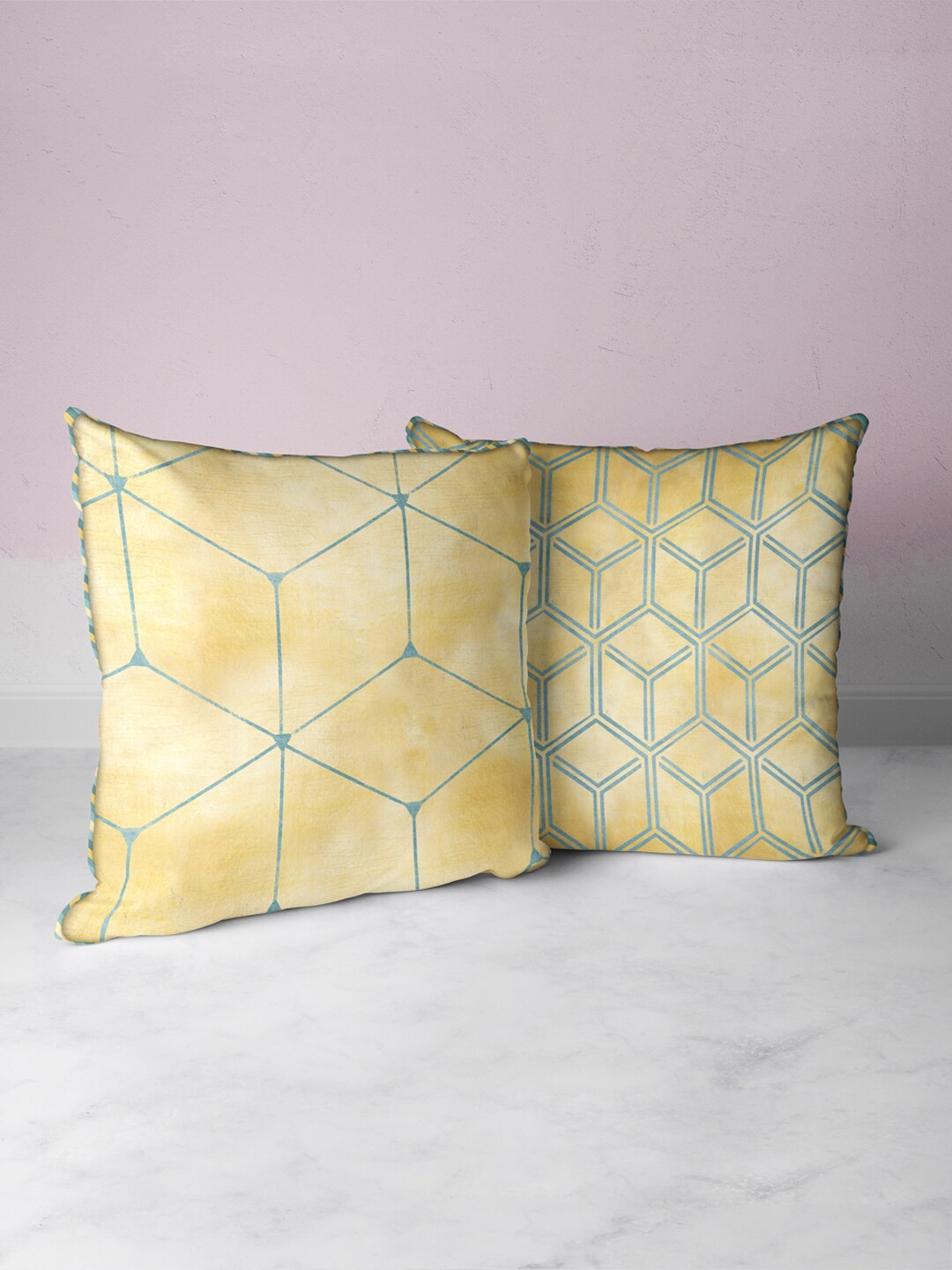 

BIANCA Beige & Blue Set of 2 Geometric Square Cushion Covers