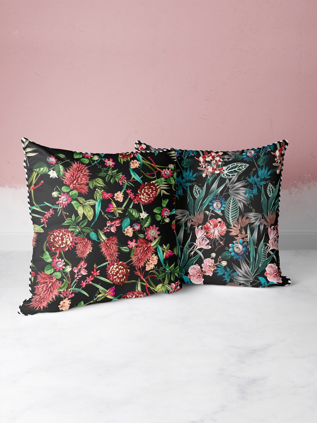 

BIANCA Black & Green Set of 2 Floral Square Cushion Covers