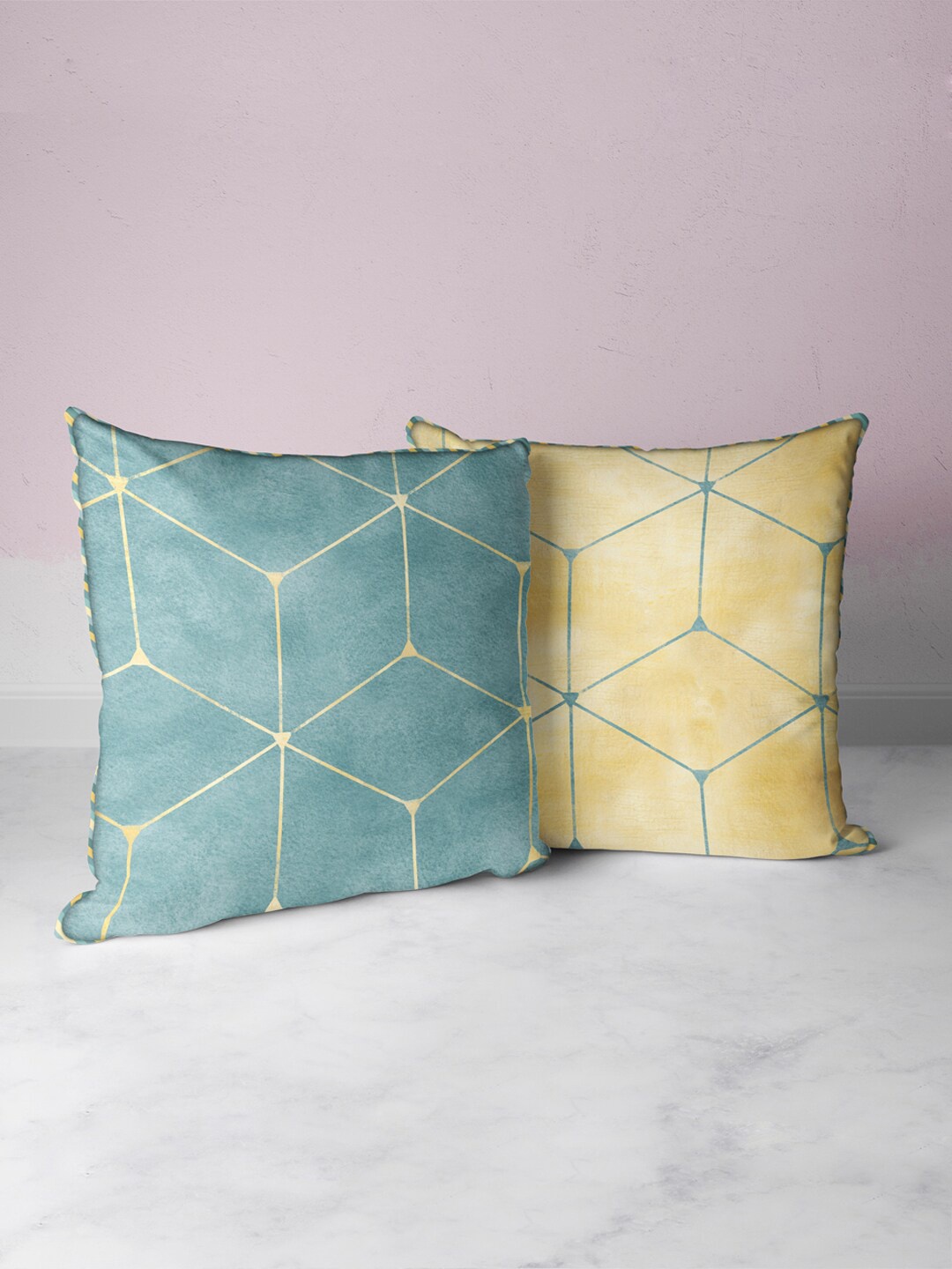 

BIANCA Beige & Turquoise Blue Set of 2 16"x 16" Geometric Square Cushion Covers