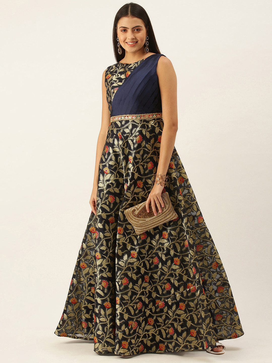 

Ethnovog Women Blue Beige Made To Measure Floral Print Ethnic A-Line Maxi Dress