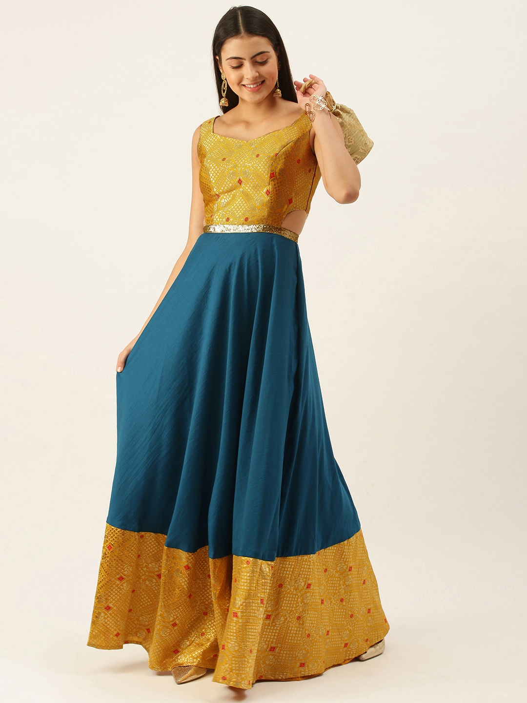 

Ethnovog Women Blue Mustard Yellow Made To Measure Ethnic Motifs A-Line Maxi Dress