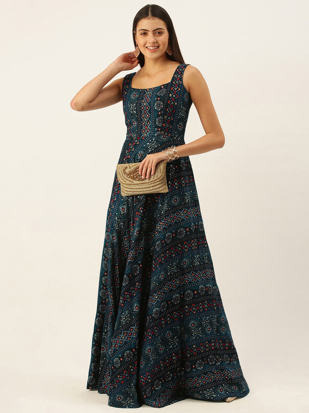 

Ethnovog Women Blue White Made To Measure Ethnic Motifs Ethnic A-Line Maxi Dress