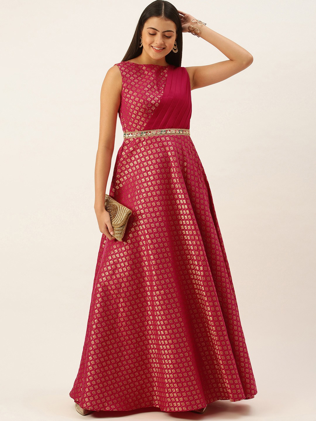 

Ethnovog Women Pink Gold-Toned Made To Measure Ethnic Motifs A-Line Maxi Dress