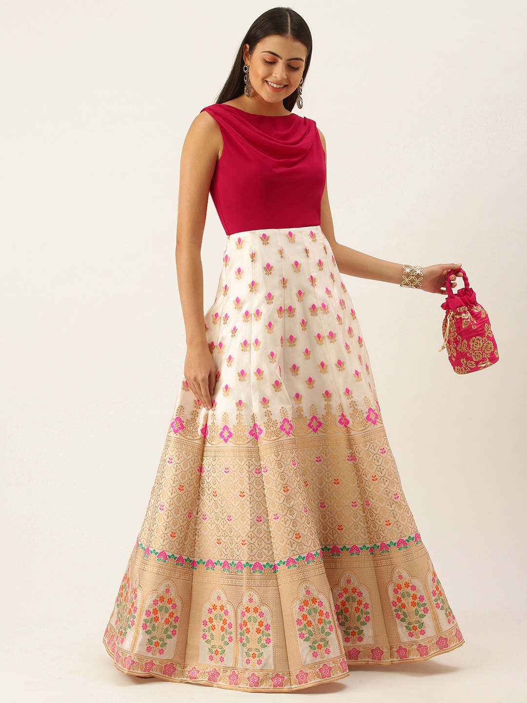 

Ethnovog Women White Pink Made To Measure Ethnic Motifs A-Line Maxi Dress