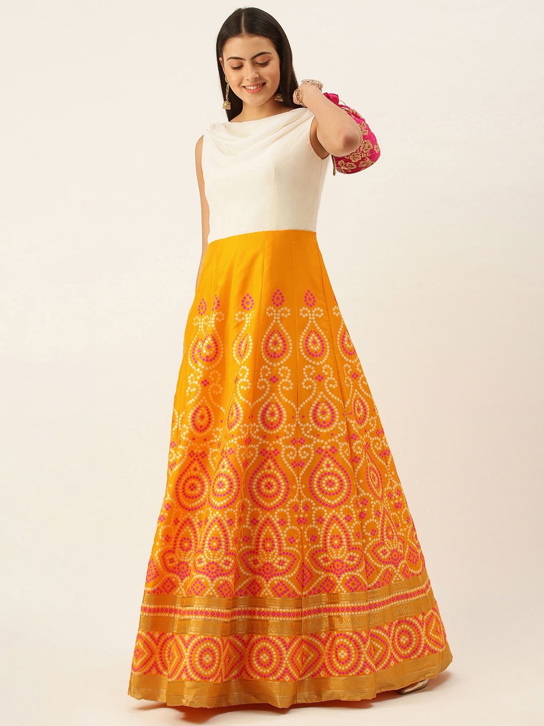 

Ethnovog Women Yellow White Made To Measure Ethnic Motifs A-Line Maxi Dress