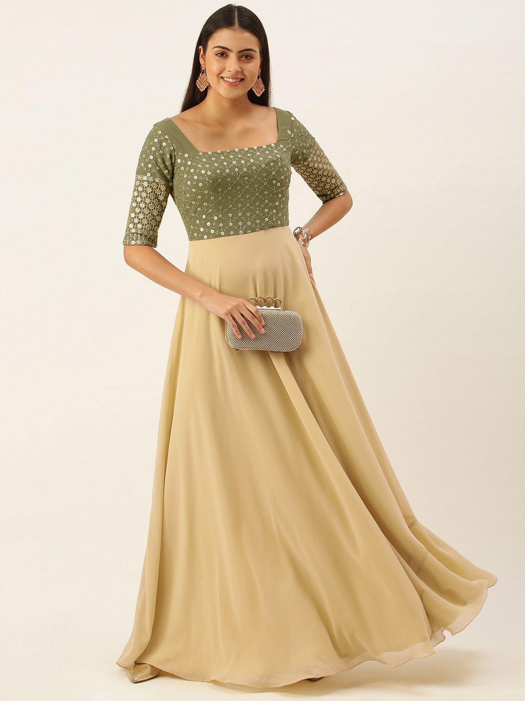 

Ethnovog Women Beige Green Made To Measure Embroidered Ethnic A-Line Maxi Dress