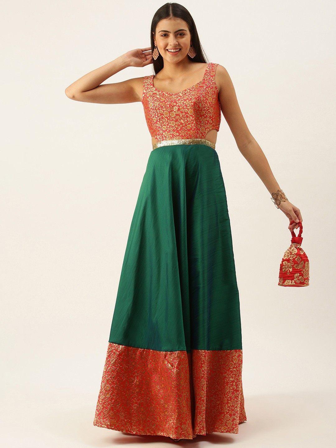 

Ethnovog Women Green Pink Made To Measure Ethnic Motifs A-Line Maxi Dress