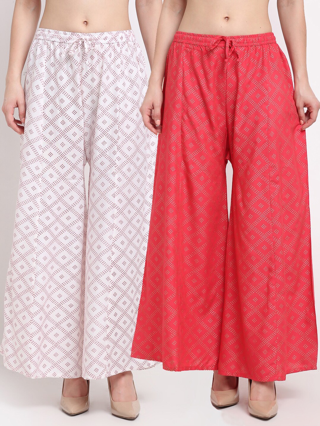 

GRACIT Women White & Red Set of 2 Ethnic Motifs Printed Flared Ethnic Palazzos